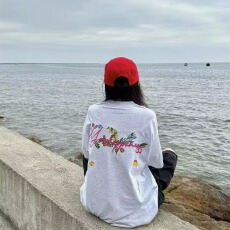 批发2026美式花卉字母刺绣重磅短袖T恤<b class='q'>男</b>女夏季情侣宽松百搭体恤