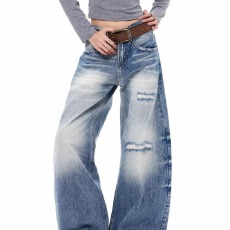 批发新款美式复古水洗做旧破坏感<b class='q'>牛仔裤</b><b class='q'>男</b>女春秋季宽松百搭阔腿裤