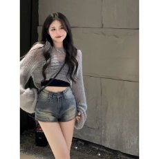 批发大码女装复古牛仔短裤女夏季胖mm<b class='q'>高腰</b>弹力a字显腿长美式辣妹<b class='q'>热裤</b>