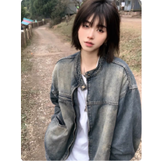 批发美式复古水洗做旧牛仔外套女春<b class='q'>秋</b>新款大码宽松工装夹克上衣ins潮