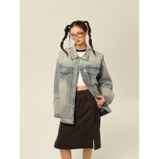 批发美式复古蓝色水洗牛仔<b class='q'>外套</b>胖莹莹大码<b class='q'>女装</b>2026春宽松百搭夹克上衣