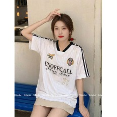 批发美式字母V领运动球衣服短袖<b class='q'>T</b><b class='q'>恤</b>女夏季ootd穿搭泽西风宽松半袖上衣