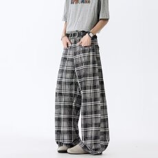 批发青少年韩版时尚格子休闲裤<b class='q'>男</b>女夏季新款竖插口袋宽松显瘦直筒裤