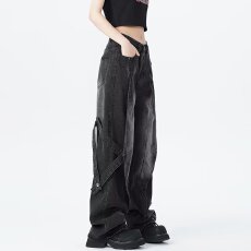 批发美式复古水洗做旧重工微喇牛仔裤<b class='q'>男</b>女新款设计感宽松直筒阔腿<b class='q'>裤子</b>