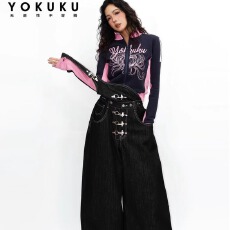 批发美式复古可拆卸三穿飞机扣单肩背带<b class='q'>牛仔</b>裤<b class='q'>女</b>2026春季新款阔腿<b class='q'>裤</b>