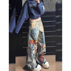 批发美式设计感小熊错视印花牛仔<b class='q'>裤子</b><b class='q'>男</b>女复古做旧个性潮流拖地长裤