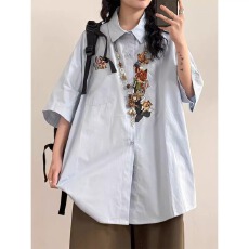 批发复古趣味卡通刺绣短袖衬衫男女夏季新款宽松休闲慵懒风情侣衬衫
