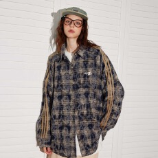 批发美式扎染格子长袖衬衫高街cleanfit情侣宽松休闲衬衣潮男bf风外套