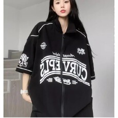 批发美式复古印花棒球衫男女夏季大码宽松百搭短袖<b class='q'>衬衫</b>薄外套潮