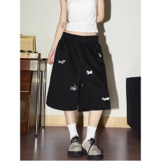 批发嘻哈正派国潮趣味腊肠狗刺绣<b class='q'>运动</b>五分裤女男复古情侣宽松休闲短裤