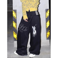 批发原版高质量双裤头刺绣卫裤休闲裤潮乐邦男女宽松直筒裤子阔腿裤