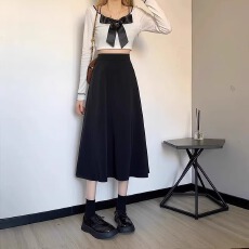 批发美式复古大码胖mm法式新款中<b class='q'>长款</b>高腰显瘦a字裙黑色女生大摆伞裙