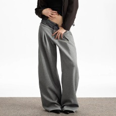 批发纯棉质量原版西裤头休闲新风格拼接直筒宽松裤子男<b class='q'>女</b>打褶<b class='q'>长裤</b>春