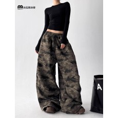 批发长米鱼骨纹工装布料原版水印迷彩裤<b class='q'>女</b>春秋高腰宽松阔腿<b class='q'>休闲裤</b>