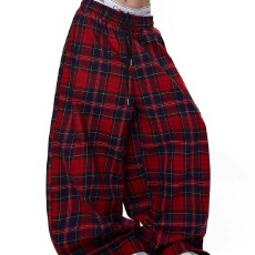 批发2026新概念春秋夏高腰直筒格子<b class='q'>休闲裤</b><b class='q'>女</b>松紧腰显瘦阔腿拖地<b class='q'>长裤</b>