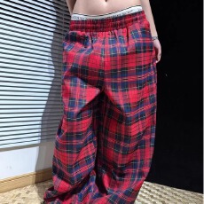 批发红色新概念格子裤女2026春<b class='q'>秋冬</b>高腰显瘦直筒宽松呢格纹休闲阔腿裤