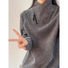 批发加绒斜拉链二浩<b class='q'>条纹</b>卫衣男女内搭<b class='q'>打底衫</b>雪尼尔重磅立领长袖T恤