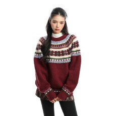 批发纯北极绒春秋魔王复古线圆领针织卷边提花拼色宽松上衣<b class='q'>外套</b>潮流