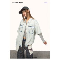 批发美式几何复古浅蓝牛仔<b class='q'>衬衫</b>短袖上衣男女半袖小众宽松情侣<b class='q'>衬衣</b>夏