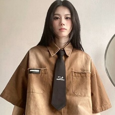 批发洗水做旧<b class='q'>牛仔</b>衬衫设计感OOTD短袖衬衫男女同款学院风磨白领带