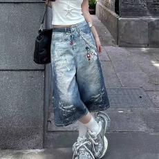 批发美式复古满印挂饰阔腿七分<b class='q'>牛仔</b>裤<b class='q'>男</b>女夏季直筒中裤宽松五分<b class='q'>短裤</b>潮