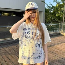 批发美式复古高街polo衫<b class='q'>t</b><b class='q'>恤</b>男女夏季宽松潮牌字母印花设计感半袖上衣