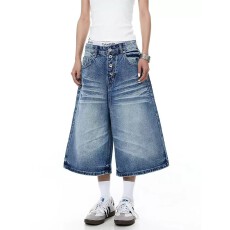 批发美式复古猫须纹水洗排扣<b class='q'>牛仔</b>七分裤<b class='q'>男</b>女cleanfit阔腿夏季新款<b class='q'>短裤</b>