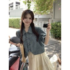 批发原版质量美式复古夏季新款设计感盘扣短袖牛仔外套女开衫上衣