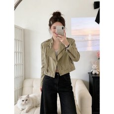 批发原版质量翻领工装外套女复古水洗合体结构修身拉链夹克短外套<b class='q'>春</b>