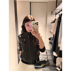 批发原版质量美式复古黑色酷飒风重工拼接罗纹皮衣外套女高级感上衣