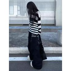 批发美式复古多口袋字母印花褶皱工<b class='q'>装</b>裤女街头宽松直筒百搭阔腿裤子
