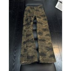 新款美式复古迷彩多口袋修身工装裤嘻哈直筒显瘦微喇裤男女