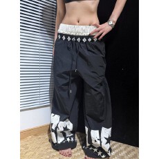 批发塔丝隆加厚复合美式双腰头撞色字母印花弯刀伞兵裤<b class='q'>男</b>女阔腿<b class='q'>长裤</b>