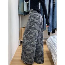 批发复古美式迷彩色阔腿牛仔裤女小众设计感<b class='q'>高腰</b>显瘦垂感直筒拖地裤潮