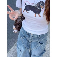 批发复古水洗重工拼接阔腿牛仔裤女小个子<b class='q'>高腰</b>直筒宽松显瘦高街工装裤