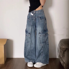 批发设计感小个子美式复古工装牛仔裤女<b class='q'>高腰</b>宽松直筒显瘦阔腿拖地长裤