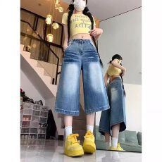 批发小个子七分牛仔短裤女夏季薄款直筒宽松<b class='q'>高腰</b>显瘦百搭中裤7分裤子