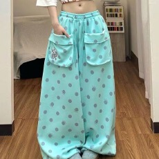 批发潮牌粉色波点阔腿裤女2026新款春秋爆款复古<b class='q'>高腰</b>显瘦宽松直筒长裤