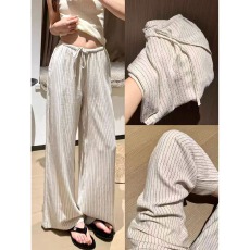 批发米杏色亚麻条纹阔腿裤女夏2026新款<b class='q'>高腰</b>休闲宽松垂感小个子棉麻裤