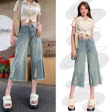 批发大码胖mm牛仔裤女直筒宽松春夏新款<b class='q'>高腰</b>显瘦美式复古阔腿拖地裤子