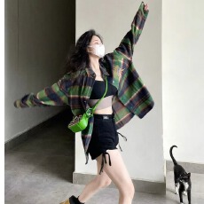 批发美式揭潮方绿色格子衬衫女款春<b class='q'>秋</b>设计感小众小个子休闲外套上衣