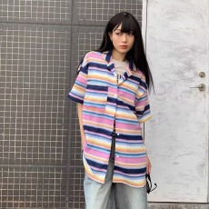 原版面料高级感正大独特别致上衣针织衫设计感小众正肩条纹短袖
