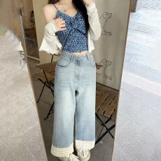 批发阔腿牛仔裤女秋季<b class='q'>韩版</b>宽松休闲蕾丝花边拼接高腰窄版直筒九分裤子