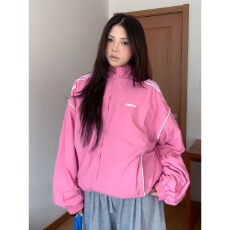 批发粉色情侣款美式夹克衫防风春<b class='q'>秋</b>短外套运动印花上衣女男
