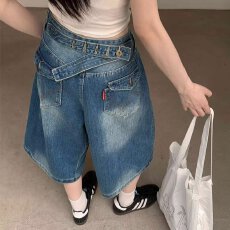 批发<b class='q'>韩版</b>复古水洗牛仔八分裤女夏季新款显瘦宽松阔腿裤<b class='q'>休闲裤</b>