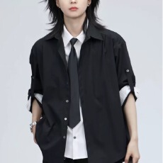 批发假两件黑色<b class='q'>西装</b>衬衫男<b class='q'>女</b>同款春秋长袖韩版宽松显瘦情侣装设计感灰
