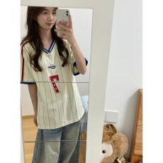 批发美式V领撞色运动<b class='q'>T</b><b class='q'>恤</b>短袖球衣男2026夏季新款情侣款球服女