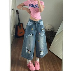 批发复古重工刺绣阔腿牛仔裤女<b class='q'>春</b>季高腰显瘦大摆裤垂感七分裤