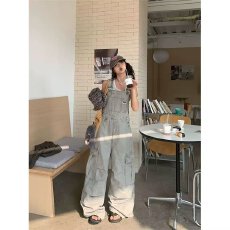 批发美式复古黑灰色工装牛仔背带裤女夏季新款减龄宽松显瘦<b class='q'>阔</b><b class='q'>腿</b><b class='q'>连体裤</b>