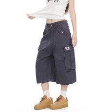 批发美式复古七分裤女潮牌设计感<b class='q'>街头</b>多口袋阔腿小众工装短裤